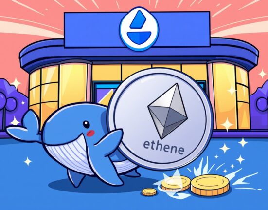 A vibrant cartoon illustration of a crypto whale depositing a large Ethereum coin to the Coinbase exchange, symbolizing a major institutional crypto transfer.