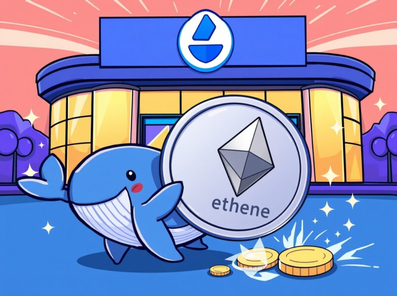 A vibrant cartoon illustration of a crypto whale depositing a large Ethereum coin to the Coinbase exchange, symbolizing a major institutional crypto transfer.