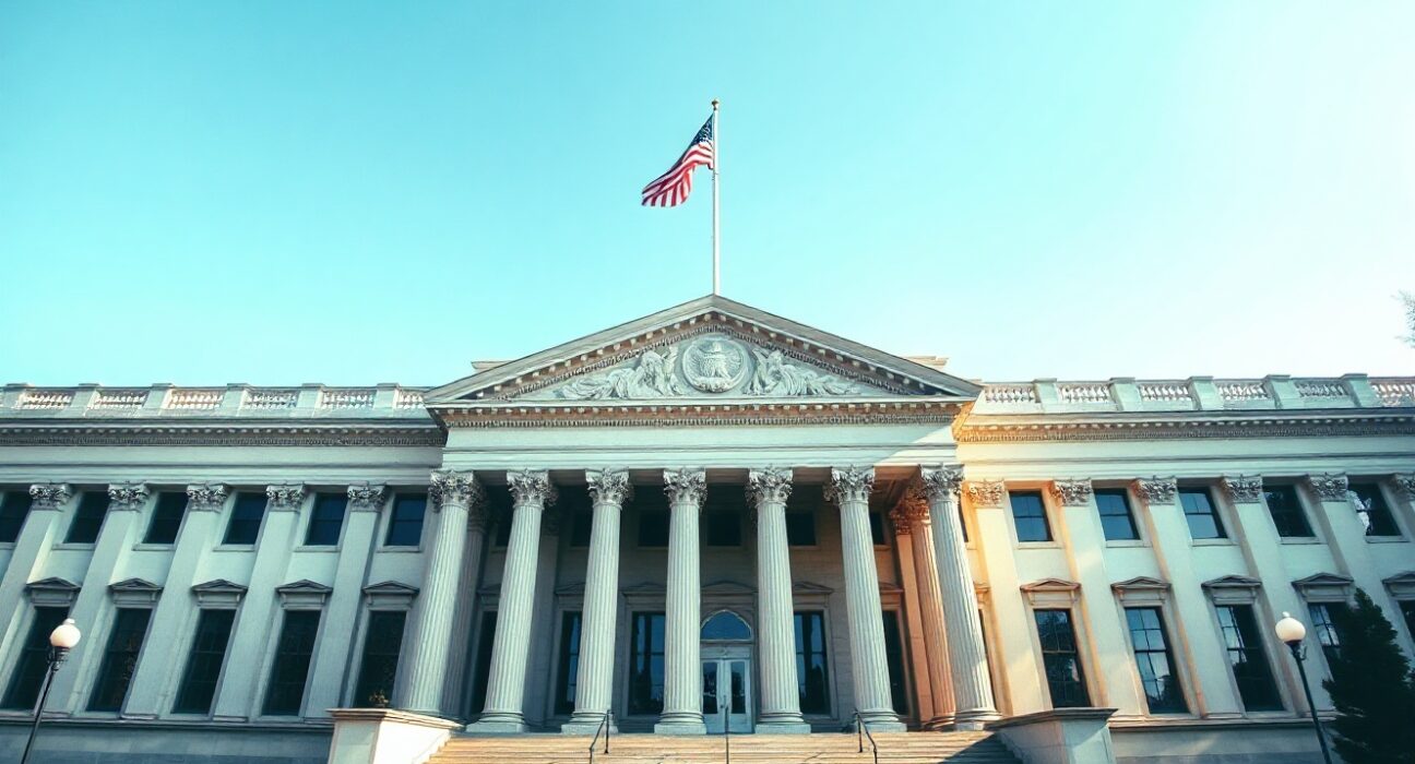 US Treasury Department building in Washington, DC, under clear blue sky