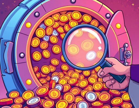 A cartoon illustration showing a large vault of Paradigm HYPE tokens being analyzed, representing significant crypto investment holdings.