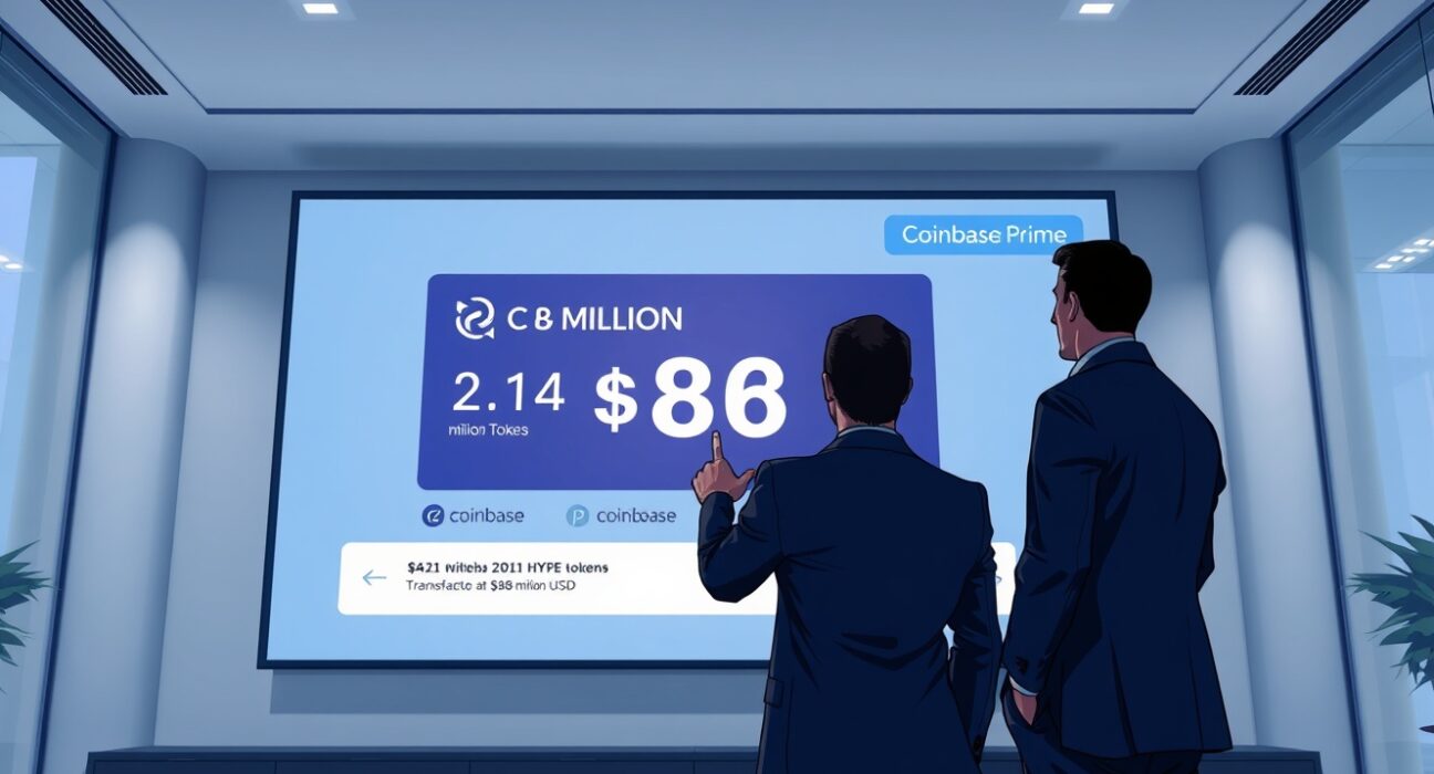 Paradigm transfers 2.14M HYPE tokens worth $86M to Coinbase Prime, displayed on a digital screen in a modern office with professionals analyzing the transaction.
