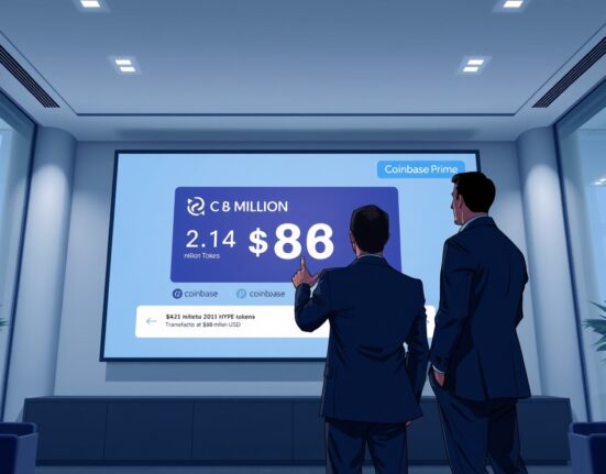 Paradigm transfers 2.14M HYPE tokens worth $86M to Coinbase Prime, displayed on a digital screen in a modern office with professionals analyzing the transaction.