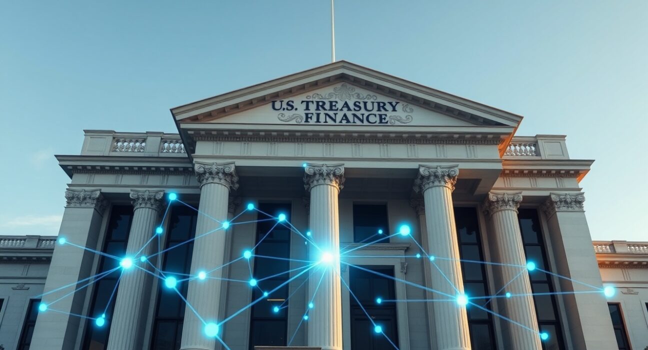 U.S. Treasury building with digital blockchain network overlay representing stablecoin regulation and DeFi concerns.