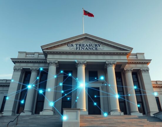 U.S. Treasury building with digital blockchain network overlay representing stablecoin regulation and DeFi concerns.