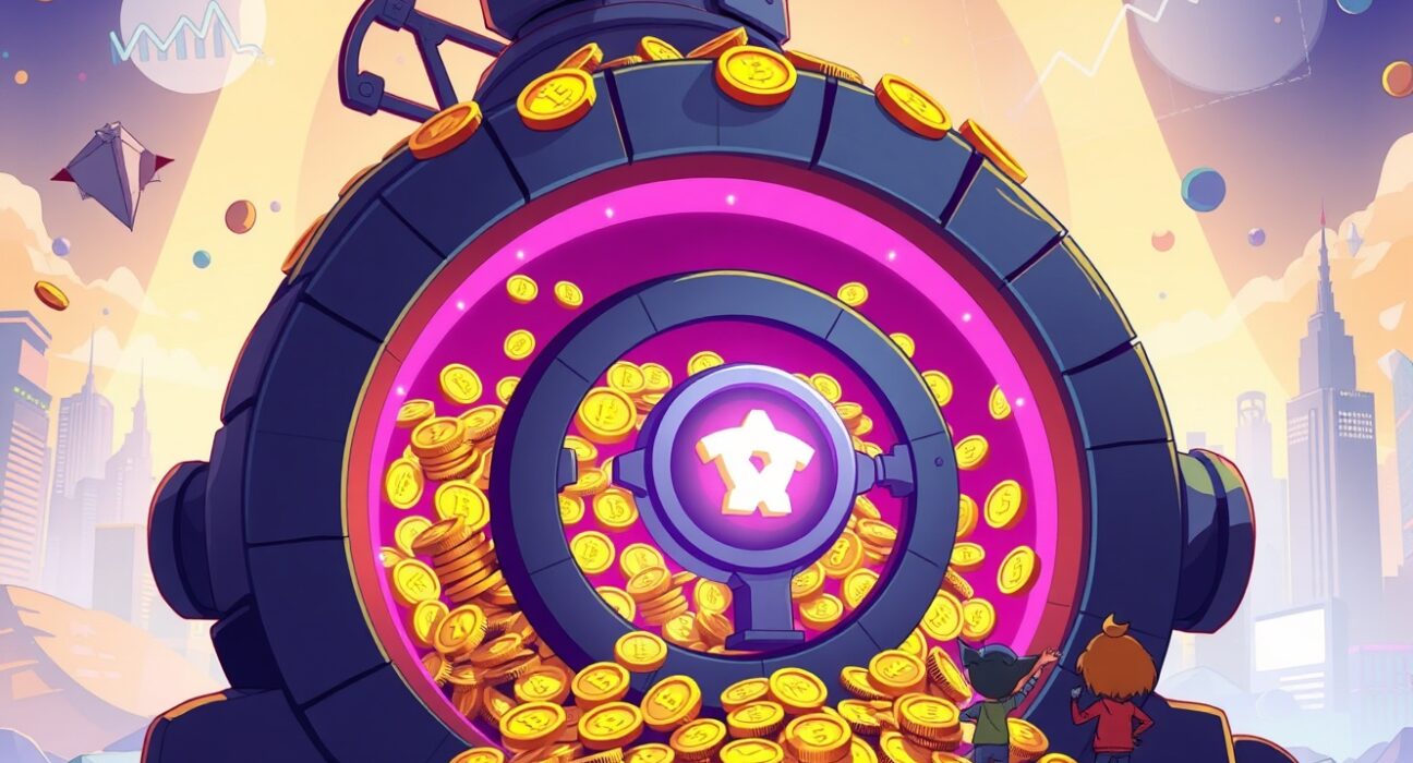 Illustration of a massive HYPE holder securing digital tokens in a vibrant vault, symbolizing Paradigm's dominance.