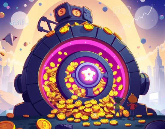 Illustration of a massive HYPE holder securing digital tokens in a vibrant vault, symbolizing Paradigm's dominance.