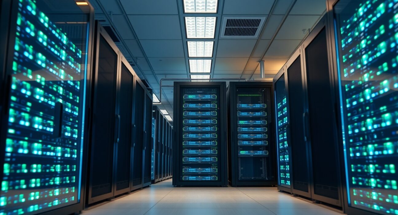 Data center with server racks representing blockchain staking infrastructure for institutional crypto investments.