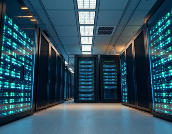 Data center with server racks representing blockchain staking infrastructure for institutional crypto investments.