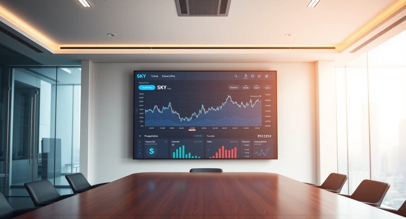 Digital trading dashboard showing SKY token price charts in a modern corporate boardroom