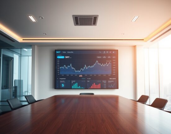 Digital trading dashboard showing SKY token price charts in a modern corporate boardroom