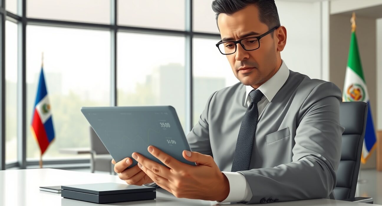 Paraguayan official reviewing cryptocurrency transaction data for tax compliance oversight