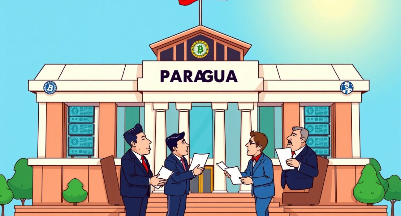 Paraguayan government discussing official cryptocurrency mining data in a vibrant cartoon scene.