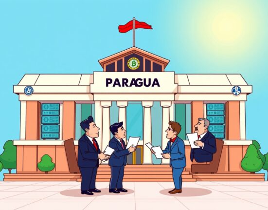 Paraguayan government discussing official cryptocurrency mining data in a vibrant cartoon scene.