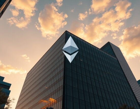 Modern office building in Seoul with faint Ethereum logo in the sky, representing Parataxis Ethereum's corporate presence