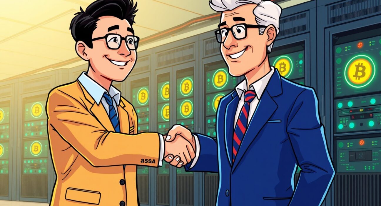 Cartoon illustration showing Parataxis Korea's strategic acquisition of US Bitcoin mining infrastructure, symbolizing global expansion and institutional growth.