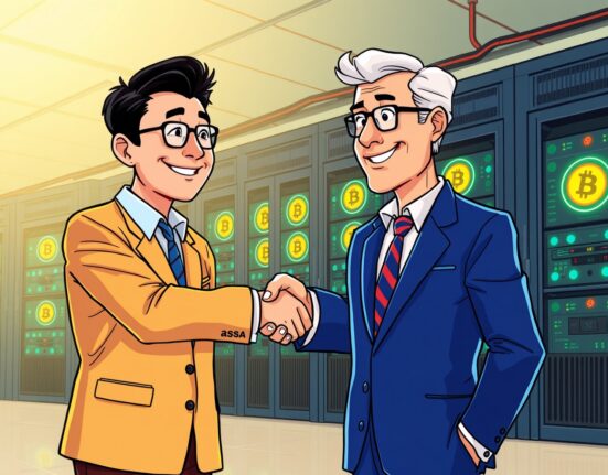 Cartoon illustration showing Parataxis Korea's strategic acquisition of US Bitcoin mining infrastructure, symbolizing global expansion and institutional growth.