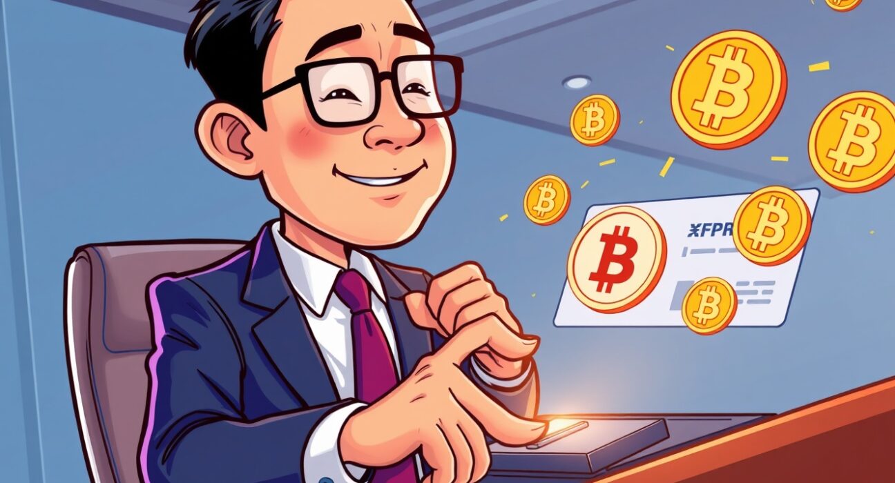 A cartoon illustration showing a South Korean executive completing a significant Parataxis Korea Bitcoin purchase, symbolizing institutional crypto adoption.