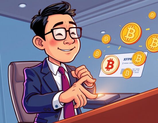 A cartoon illustration showing a South Korean executive completing a significant Parataxis Korea Bitcoin purchase, symbolizing institutional crypto adoption.
