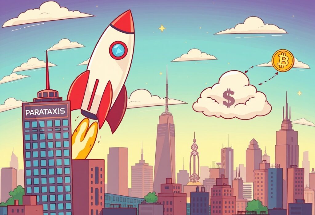 A cartoon illustration showing Parataxis Capital's exciting Parataxis SPAC deal launching towards a public listing and significant Bitcoin investment.