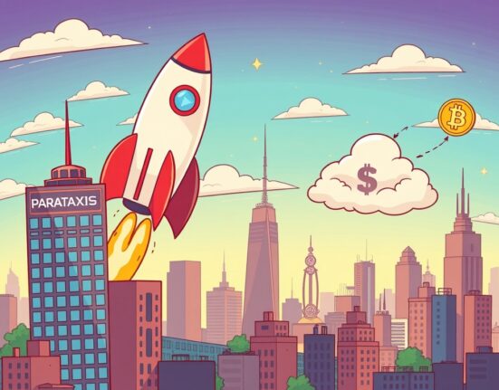 A cartoon illustration showing Parataxis Capital's exciting Parataxis SPAC deal launching towards a public listing and significant Bitcoin investment.