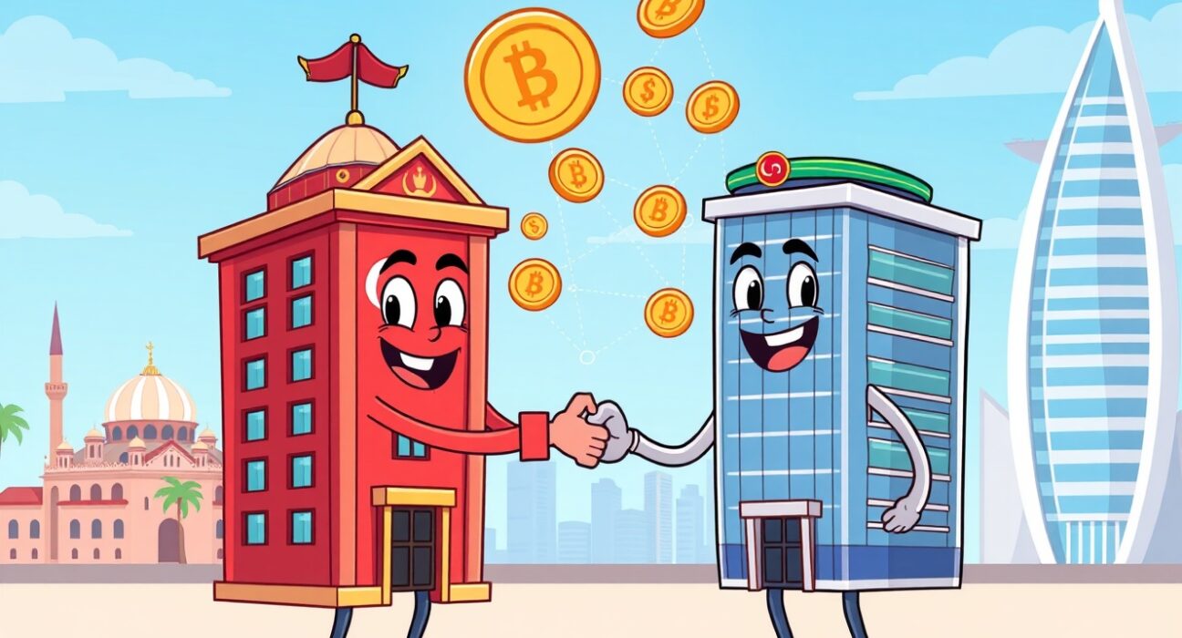 Cartoon illustration showing Paribu acquiring CoinMENA crypto exchange with digital assets flowing between Turkish and Middle Eastern landmarks