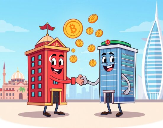 Cartoon illustration showing Paribu acquiring CoinMENA crypto exchange with digital assets flowing between Turkish and Middle Eastern landmarks