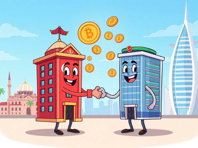 Cartoon illustration showing Paribu acquiring CoinMENA crypto exchange with digital assets flowing between Turkish and Middle Eastern landmarks