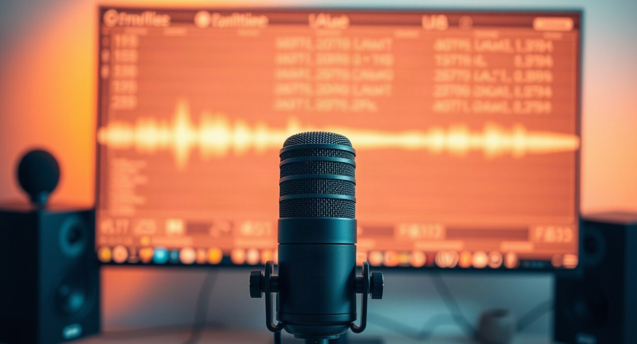 A microphone in a podcast studio with a screen showing audio waveforms and transcripts in the background