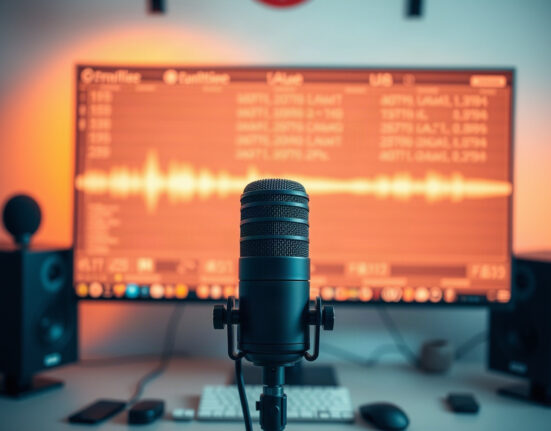 A microphone in a podcast studio with a screen showing audio waveforms and transcripts in the background