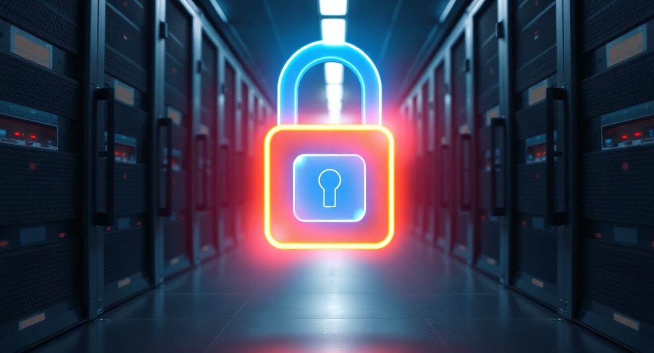 Digital padlock icon in a server room representing Patreon's new AI scraping protections