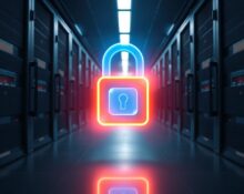 Digital padlock icon in a server room representing Patreon's new AI scraping protections
