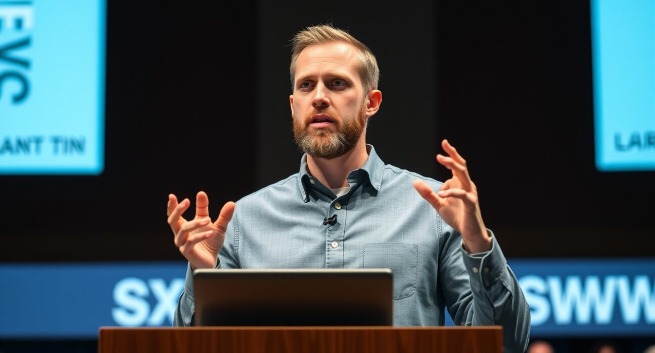 Patreon CEO Jack Conte speaking about AI training data compensation at SXSW 2025.