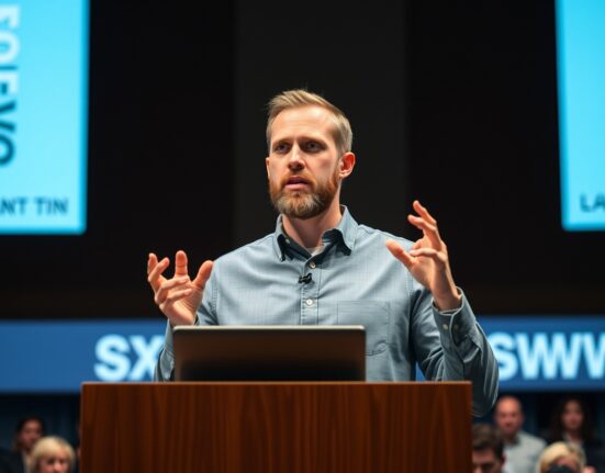 Patreon CEO Jack Conte speaking about AI training data compensation at SXSW 2025.