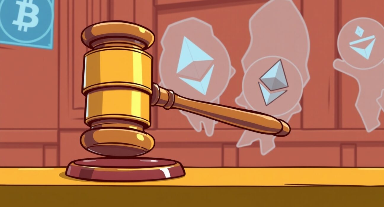 Cartoon illustration of a gavel judging Paxful AML violations in a digital courtroom.