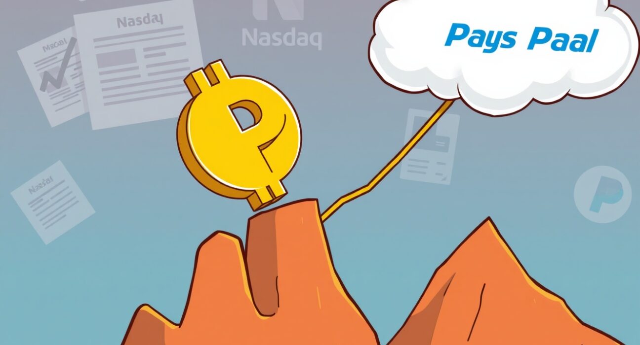 Cartoon illustration depicting the potential Paxos Nasdaq listing, symbolizing its journey to public markets driven by compliance and innovation.