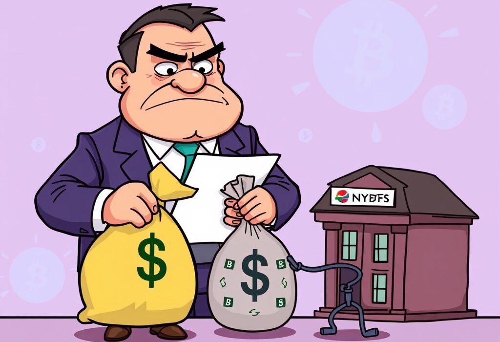 A cartoon depicting the Paxos settlement, showing a regulatory body receiving a payment for AML compliance failures.