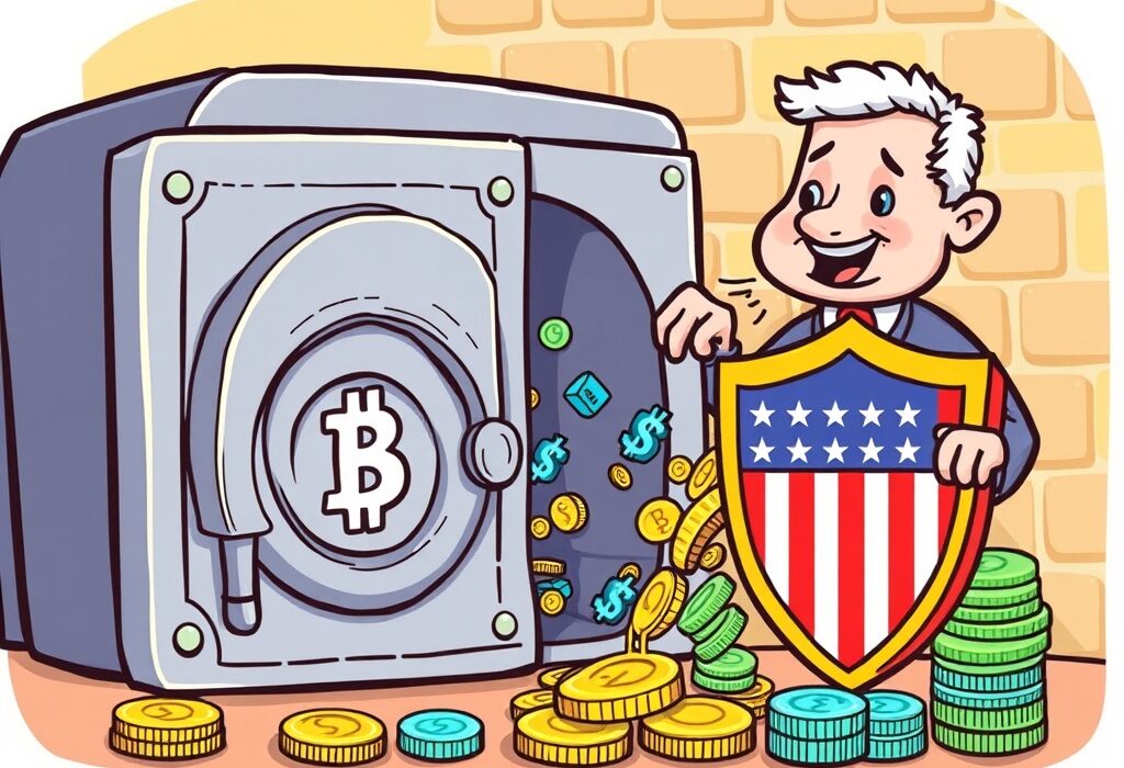 Cartoon illustration showing secure digital assets and regulatory oversight, symbolizing Paxos's pursuit of a Paxos trust bank license for trust and compliance.