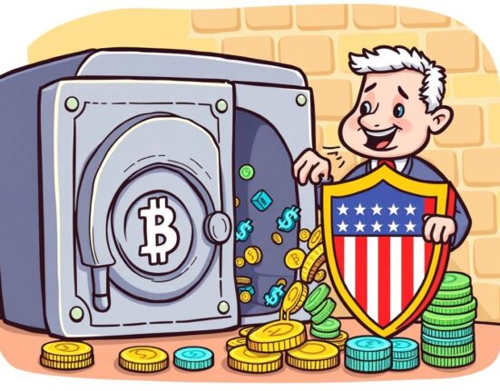 Cartoon illustration showing secure digital assets and regulatory oversight, symbolizing Paxos's pursuit of a Paxos trust bank license for trust and compliance.