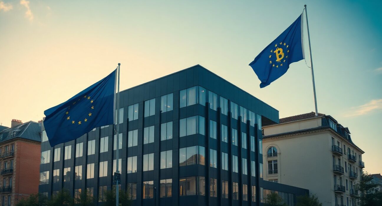 Modern office building in Paris with EU flag and Bitcoin symbol overlay, representing Paymium's MiCA license approval.