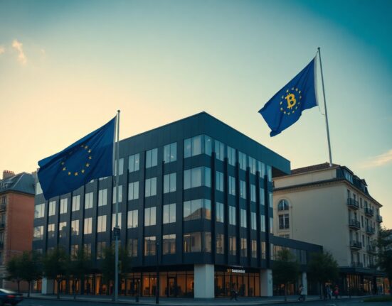 Modern office building in Paris with EU flag and Bitcoin symbol overlay, representing Paymium's MiCA license approval.
