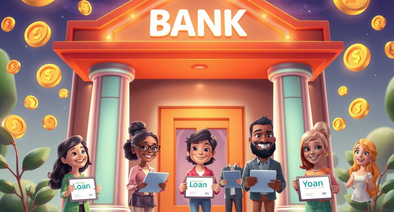 PayPal small business loans concept as a vibrant cartoon of a futuristic digital bank helping entrepreneurs.
