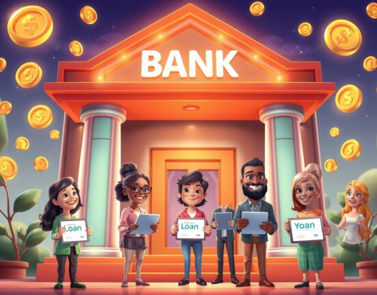 PayPal small business loans concept as a vibrant cartoon of a futuristic digital bank helping entrepreneurs.