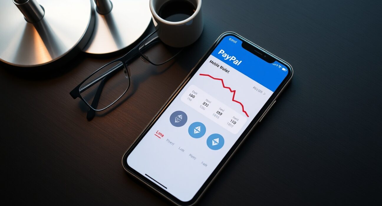 Smartphone displaying PayPal app with cryptocurrency graph showing loss on a desk with glasses and coffee
