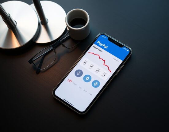 Smartphone displaying PayPal app with cryptocurrency graph showing loss on a desk with glasses and coffee