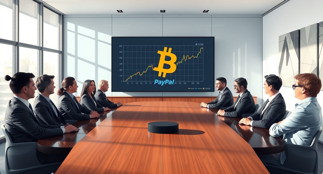 Business professionals discussing the PayPal crypto merger and reorganization strategy in a modern office