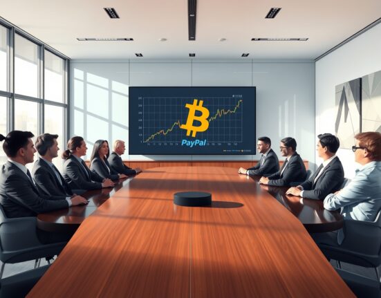 Business professionals discussing the PayPal crypto merger and reorganization strategy in a modern office
