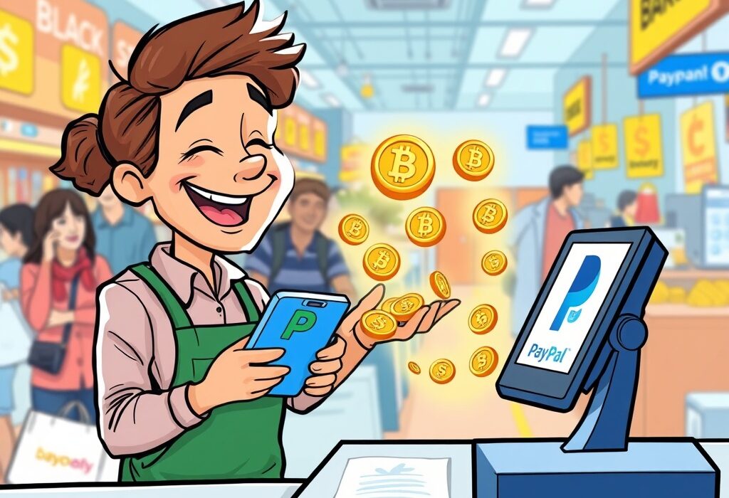 A cartoon illustration showing a small business owner happily processing a PayPal crypto payments transaction with a customer, symbolizing ease of digital adoption.