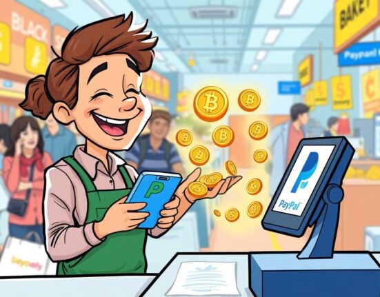 A cartoon illustration showing a small business owner happily processing a PayPal crypto payments transaction with a customer, symbolizing ease of digital adoption.