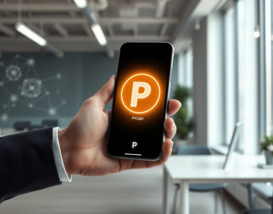 A smartphone displaying a digital wallet with PYUSD and Polygon symbols in a modern office setting