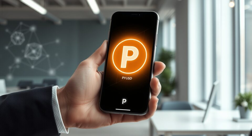 A smartphone displaying a digital wallet with PYUSD and Polygon symbols in a modern office setting